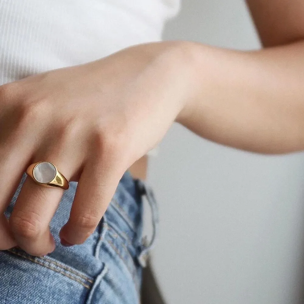 18K Gold Plated Mother of Pearl Signet Ring